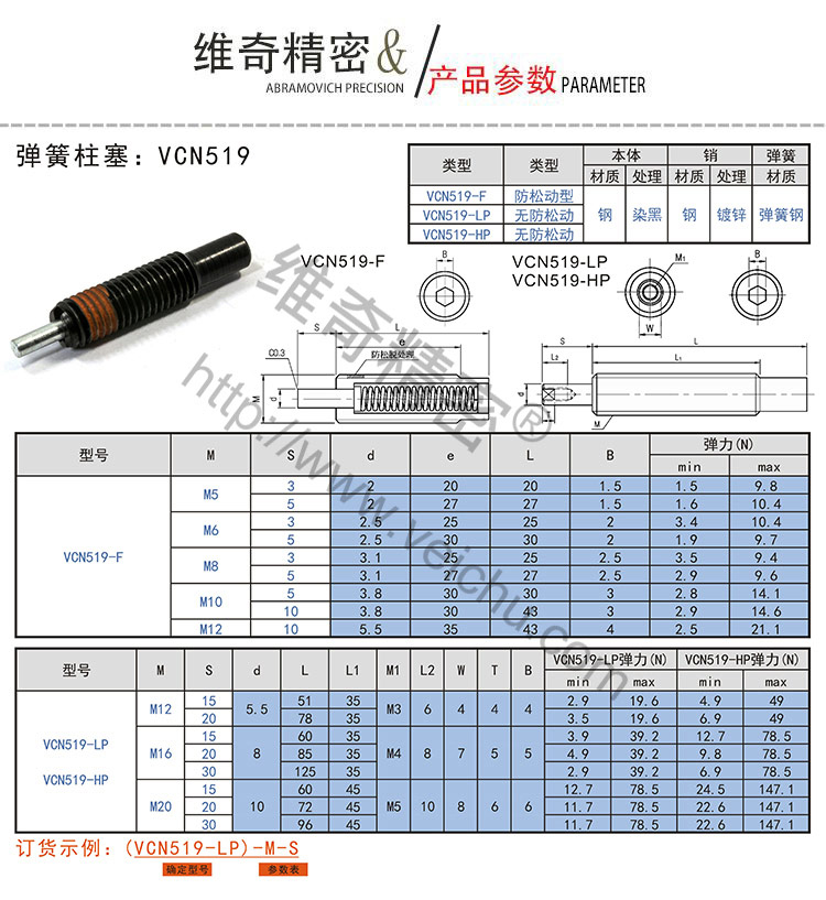 VCN519平頭防松型彈簧柱塞伸縮柱塞規(guī)格表